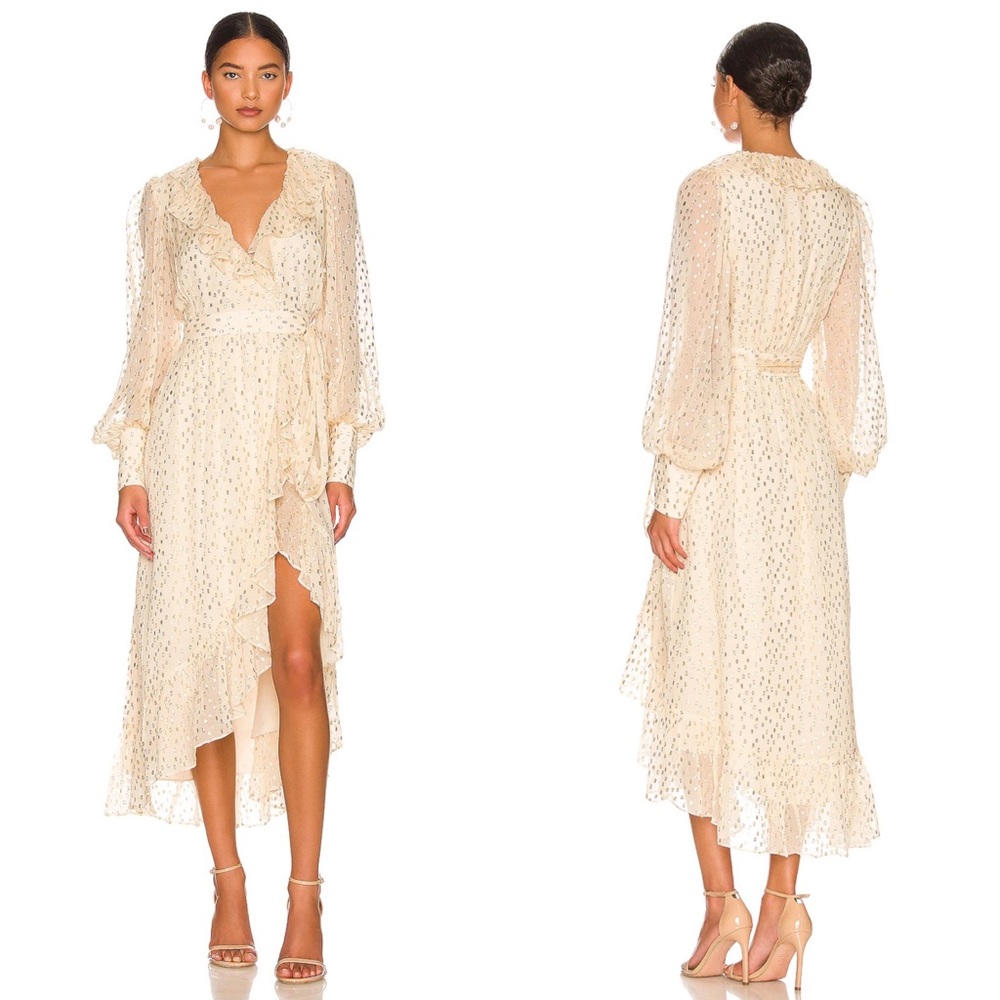 Zimmermann Silk Wrap Midi Dress in Cream & Gold